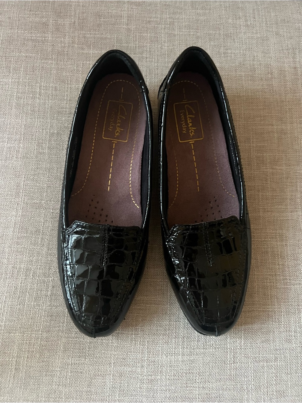 Clarks Black Patent Croc-Embossed Loafers, office dressy occasion old money